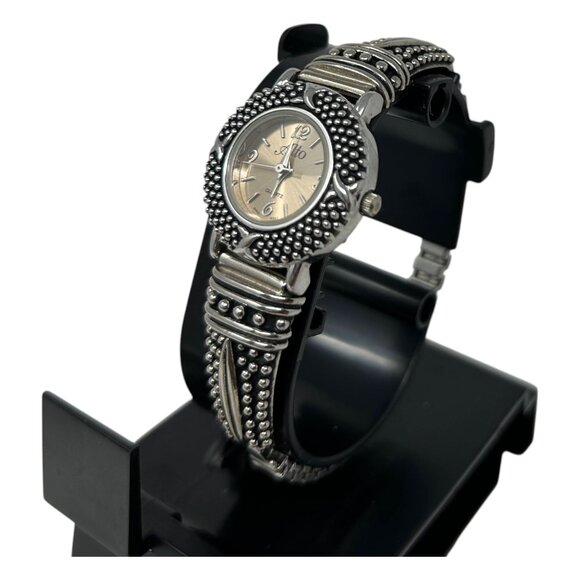 Alto Watch Women 25mm Silver Tone Round Ornate Quartz Stretch Band New Battery - Picture 12 of 15